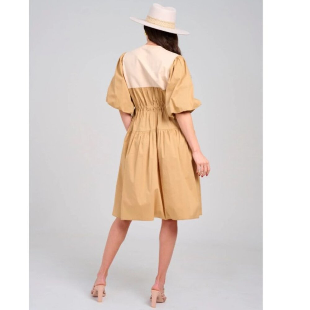 Short Puff Sleeve Adjustable Waist ColorBlockMidi Dress - Picture 4 of 4
